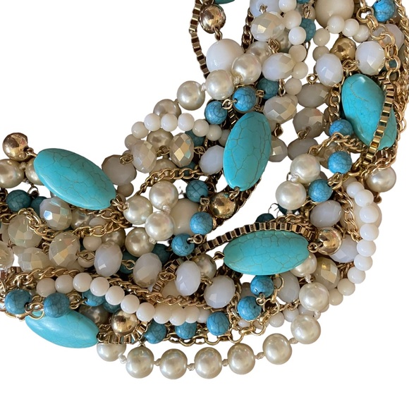 Multi-strand Statement Necklace Faux Pearl Turquoise Howlite Gold-tone Beads - Picture 5 of 7